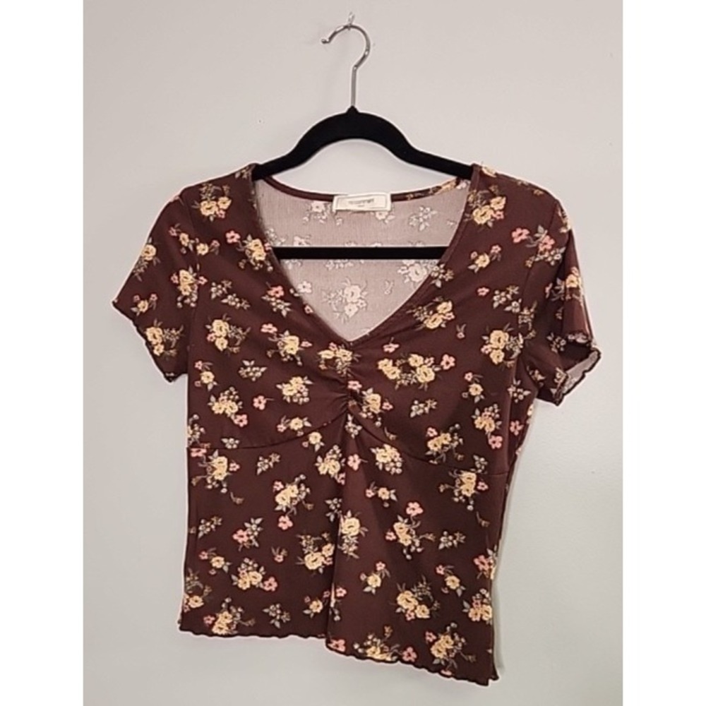 Y2K Brown Floral Baby Doll Short Sleeve Baby Tee Size Medium Cropped 90s Boho - Picture 2 of 11